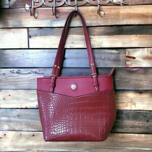 Anne Klein Red Croc Embossed Perfect Tote Red Bucket Shoulder Bag Gold-Tone Acce